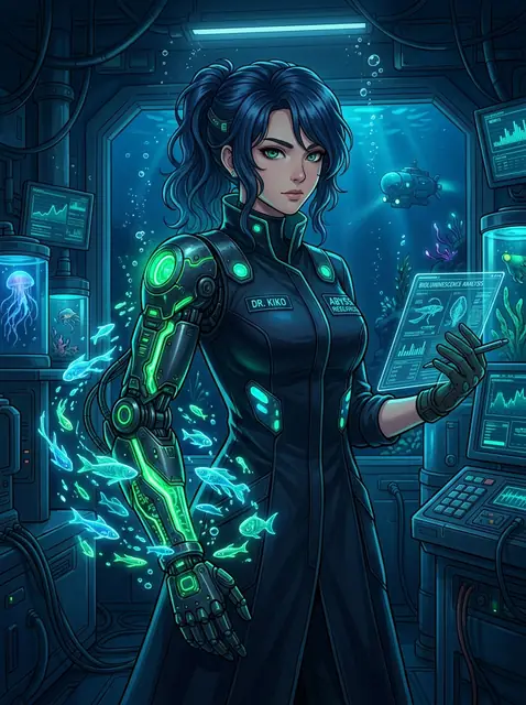 Dr. Kiko, marine biologist with a glowing cybernetic arm